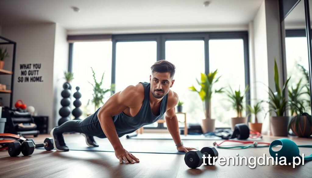 A modern, well-lit home gym environment showcasing a man in comfortable athletic wear engaged in a workout routine. In the foreground, the man is performing a bodyweight exercise, such as push-ups or squats, with a focused expression on his face. The middle ground features various fitness equipment like dumbbells, a yoga mat, and resistance bands neatly arranged, emphasizing versatility. In the background, a large window allows natural light to flood the space, highlighting the motivational quotes on the wall and plants adding a touch of greenery. The overall atmosphere is energizing and inviting, perfect for at-home workouts. The scene is composed with a slightly angled perspective to create depth. Branding visible subtly in the corner: "treningdnia.pl".
