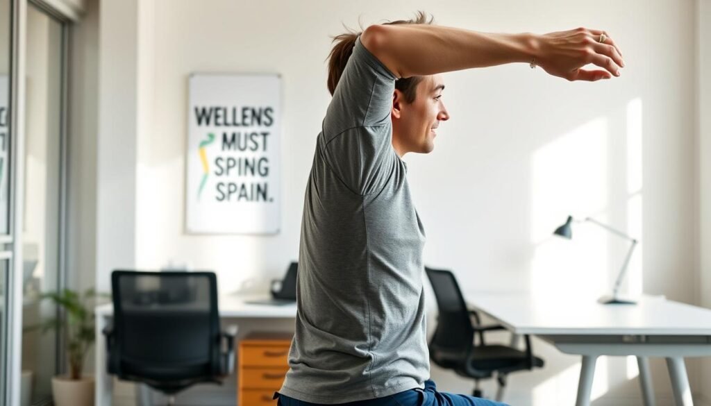 A professional setting in a bright, modern office, with a 30-something person in modest casual attire, demonstrating a stretching technique to alleviate thoracic spine pain. In the foreground, focus on the individual stretching their upper back against a yoga ball, showing a relaxed expression and good posture. In the middle, include a wellness-themed motivational poster on the wall, subtly emphasizing the importance of daily movement. The background should reveal a clean desk with ergonomic furniture, promoting a healthy workspace. Soft, natural light streams through a nearby window, creating a serene atmosphere. The overall mood is calm and encouraging, reflecting themes of health and wellness, suitable for the topic "treningdnia.pl".