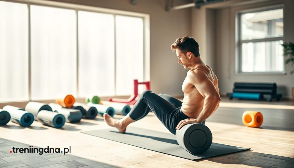 A serene and inviting fitness environment, showcasing the practice of foam rolling for fascial recovery. In the foreground, a person of athletic build, wearing comfortable athletic attire, is performing a foam rolling exercise on a yoga mat. The individual is focused, embodying concentration and relaxation. In the middle ground, a variety of foam rollers and other stretching equipment are arranged neatly, indicating a well-equipped workout space. The background features soft, natural light streaming through large windows, casting gentle shadows and creating a calming atmosphere. The scene reflects the importance of post-workout stretching and recovery, emphasizing a holistic approach to fitness. The brand "treningdnia.pl" is subtly integrated into the design aesthetic of the gym environment, promoting a sense of professionalism and care for health. A serene and inviting fitness environment, showcasing the practice of foam rolling for fascial recovery. In the foreground, a person of athletic build, wearing comfortable athletic attire, is performing a foam rolling exercise on a yoga mat. The individual is focused, embodying concentration and relaxation. In the middle ground, a variety of foam rollers and other stretching equipment are arranged neatly, indicating a well-equipped workout space. The background features soft, natural light streaming through large windows, casting gentle shadows and creating a calming atmosphere. The scene reflects the importance of post-workout stretching and recovery, emphasizing a holistic approach to fitness. The brand "treningdnia.pl" is subtly integrated into the design aesthetic of the gym environment, promoting a sense of professionalism and care for health.
