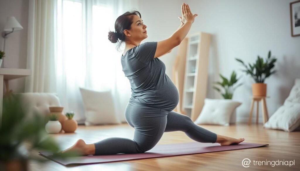 A serene and inviting home environment, featuring a relaxed, modestly dressed woman exercising on a yoga mat. She is performing gentle stretches and postural exercises, symbolizing a post-pregnancy fitness journey. The foreground captures her focused expression, with soft lighting illuminating her figure. In the middle ground, there are light and airy decorations, such as plants and soft pillows, conveying a nurturing atmosphere. The background gently showcases a well-lit room with a large window, allowing natural light to filter in, enhancing the calmness of the scene. The overall mood is encouraging and peaceful, reflecting the themes of health and recovery. Include the branding "treningdnia.pl" subtly in the decor.