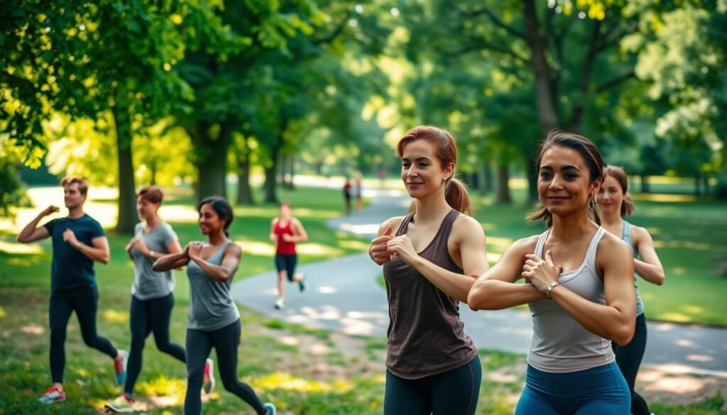 A serene and motivating scene illustrating a safe return to physical activity after a long break. In the foreground, a diverse group of individuals in modest athletic clothing are engaging in light stretching, showing relaxed and focused expressions. In the middle, a lush park setting with green trees, gentle sunlight filtering through the leaves, and soft grass underfoot create a welcoming atmosphere. In the background, a winding path invites walking and jogging, symbolizing gradual progress. The lighting should be warm and inviting, conveying a sense of encouragement and positivity. Capture the essence of a supportive and non-pressuring environment for those reestablishing their fitness routine, reflecting the approach of treningdnia.pl.