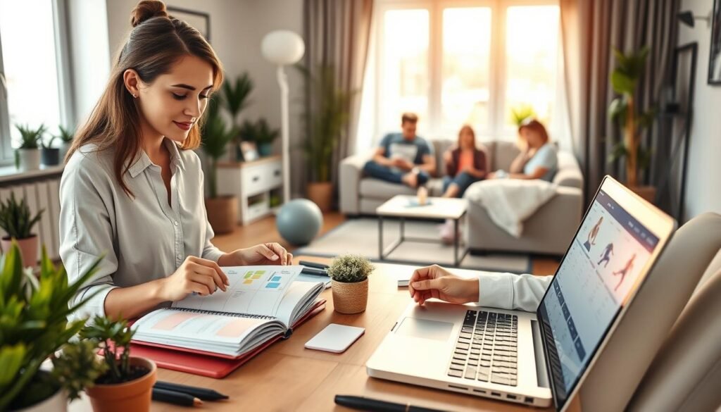 A serene and organized home office space, featuring a professional woman in smart casual attire actively planning her daily routines. In the foreground, she interacts with a planner filled with colorful notes, while a laptop displays fitness apps and scheduling tools. The middle ground captures a large window allowing soft, warm daylight to illuminate the room, enhancing the inviting atmosphere. Plants and exercise equipment subtly integrated into the decor reinforce the theme of movement. In the background, a cozy living area shows family members engaging in light physical activities, promoting an active lifestyle. The overall mood is inspiring and motivating, encouraging viewers to blend planning and movement seamlessly in their daily life. This image embodies the essence of "treningdnia.pl."