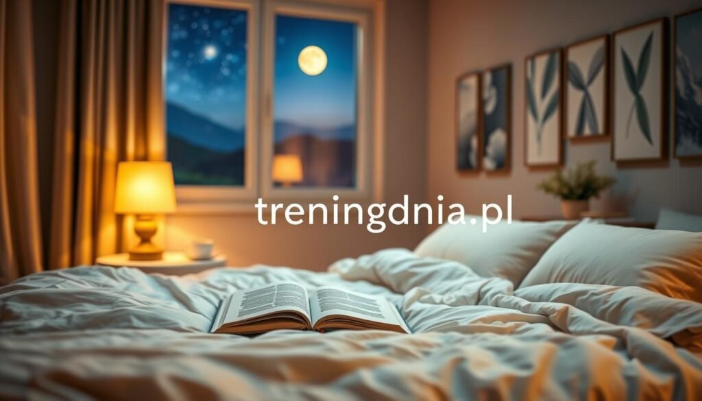 A serene bedroom environment designed for relaxation and rejuvenation. In the foreground, a cozy bed adorned with soft, inviting bedding, featuring soothing pastel colors. A gentle, dimly lit bedside lamp casts a warm glow, creating a tranquil atmosphere. In the middle ground, a window reveals a peaceful night sky filled with twinkling stars and a glowing moon, enhancing the serene mood. On a small bedside table, an open book and a cup of herbal tea, suggesting the winding down of a day. In the background, a softly blurred wall filled with tranquil artwork, emphasizing the importance of restful sleep. The lens captures the scene with a warm, soft focus, evoking feelings of comfort and peace, highlighting the theme of sleep as a foundation for body regeneration. The brand name "treningdnia.pl" subtly integrated into the scene. A serene bedroom environment designed for relaxation and rejuvenation. In the foreground, a cozy bed adorned with soft, inviting bedding, featuring soothing pastel colors. A gentle, dimly lit bedside lamp casts a warm glow, creating a tranquil atmosphere. In the middle ground, a window reveals a peaceful night sky filled with twinkling stars and a glowing moon, enhancing the serene mood. On a small bedside table, an open book and a cup of herbal tea, suggesting the winding down of a day. In the background, a softly blurred wall filled with tranquil artwork, emphasizing the importance of restful sleep. The lens captures the scene with a warm, soft focus, evoking feelings of comfort and peace, highlighting the theme of sleep as a foundation for body regeneration. The brand name "treningdnia.pl" subtly integrated into the scene.
