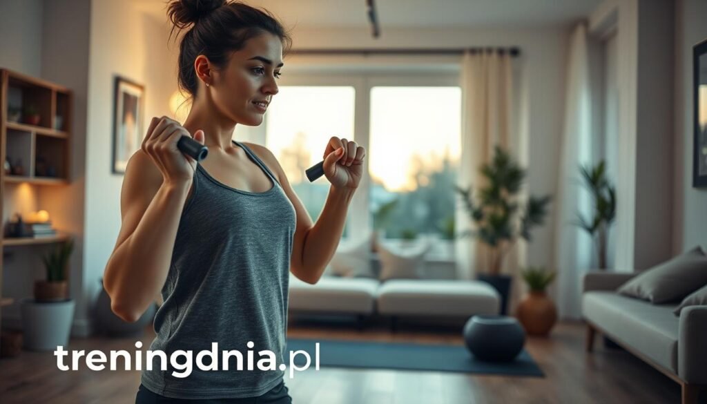 A serene home environment emphasizing motivation for exercise. In the foreground, a person dressed in modest, comfortable athletic wear engages in a gentle workout, showcasing light weights or resistance bands. Their expression reflects determination and focus. In the middle ground, a well-lit living room with soft, warm lighting creates an inviting atmosphere, featuring stylish decor, a yoga mat, and potted plants for a touch of nature. The background shows a large window with evening light filtering in, casting soft shadows. The overall mood is calm yet inspiring, highlighting the idea of maintaining motivation during challenging days. The brand logo "treningdnia.pl" subtly blended into the scene, enhancing the motivational theme without overpowering the visual. A serene home environment emphasizing motivation for exercise. In the foreground, a person dressed in modest, comfortable athletic wear engages in a gentle workout, showcasing light weights or resistance bands. Their expression reflects determination and focus. In the middle ground, a well-lit living room with soft, warm lighting creates an inviting atmosphere, featuring stylish decor, a yoga mat, and potted plants for a touch of nature. The background shows a large window with evening light filtering in, casting soft shadows. The overall mood is calm yet inspiring, highlighting the idea of maintaining motivation during challenging days. The brand logo "treningdnia.pl" subtly blended into the scene, enhancing the motivational theme without overpowering the visual.
