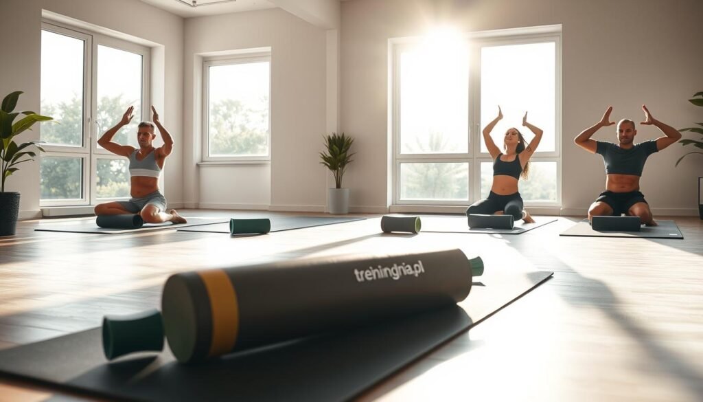 A serene home gym setting focused on muscle recovery, showcasing a well-organized space with exercise mats, foam rollers, and resistance bands in the foreground. In the middle, a diverse group of four individuals in modest athletic attire—two men and two women—are engaged in various stretching and relaxation exercises, emphasizing proper form and technique. The background features large windows allowing natural light to flood the room, creating a bright, uplifting atmosphere. Soft shadows cast by the morning sun enhance the tranquility of the scene. The overall mood is calm and focused, symbolizing regeneration and rejuvenation. This image represents the essence of effective muscle recovery practices. The brand name "treningdnia.pl" is subtly integrated into the overall environment, perhaps on a training mat or wall art.