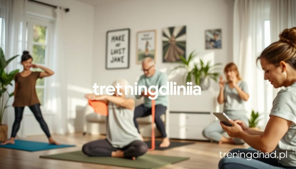 A serene home setting featuring a diverse group of individuals engaged in low-impact exercise routines, symbolizing the building of exercise habits. In the foreground, a middle-aged woman in modest activewear performs gentle stretching on a yoga mat, while an older man utilizes a light resistance band beside her. In the middle ground, another participant tracks their progress on a tablet, showcasing the act of monitoring fitness goals. Soft, natural lighting streams through a window, creating an inviting atmosphere. The background features motivational wall art and plants to add vibrancy. The overall mood is encouraging and supportive, reflecting a community focused on healthy lifestyle changes. Brand logo: treningdnia.pl.