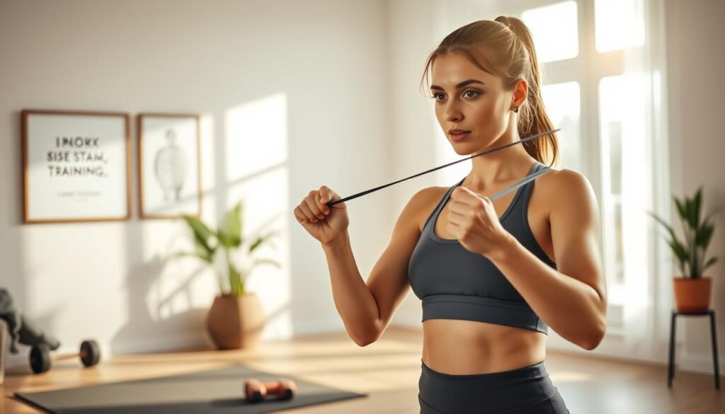 A serene home workout environment that embodies motivation and determination. In the foreground, a young adult woman in modest athletic wear is engaged in a focused workout, using resistance bands. Her expression reflects concentration and drive. In the middle ground, a bright and spacious living room filled with sunlight streaming through large windows, showcasing a few home workout equipment like dumbbells and a yoga mat. The background features a motivational quote framed on the wall and a potted plant, adding a touch of life. The lighting is warm and inviting, creating an uplifting atmosphere. The image should capture the essence of home training motivation. Include the brand name "treningdnia.pl" subtly in the background.