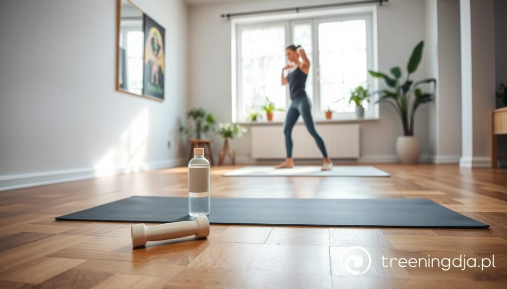 A serene home workout space designed for optimal training sessions. In the foreground, a modern yoga mat with light weights and a water bottle rests on a polished wooden floor. In the middle, a well-lit area featuring a person in modest athletic attire, performing a strength exercise, focusing intently. The background shows a large window that bathes the room in soft, natural light, with plants for a refreshing touch. The atmosphere is motivational and calming, suggesting a productive training routine. Capture this image with a wide-angle lens to include all elements harmoniously, emphasizing the balance between effort and tranquility. Include subtle branding for "treningdnia.pl" integrated into the decor.