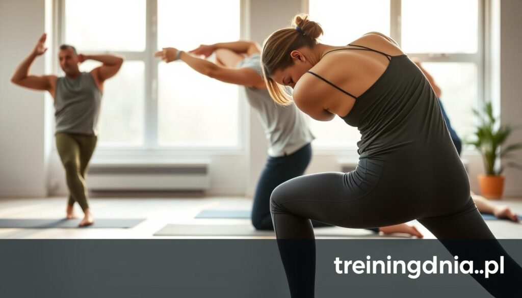 A serene indoor environment featuring a diverse group of individuals engaged in back stretching exercises. In the foreground, a young woman in modest athletic clothing performs a gentle forward bend, her face reflecting concentration and tranquility. Nearby, a middle-aged man is stretching laterally, offering a contrasting pose. The middle ground showcases a soft yoga mat beneath their feet, emphasizing comfort. In the background, large windows let in soft morning light, casting a warm glow across the room, enhancing the peaceful atmosphere. The overall mood is one of positivity and rejuvenation, illustrating the importance of morning mobilization for a better day. Branding elements from "treningdnia.pl" subtly integrated in the scene.