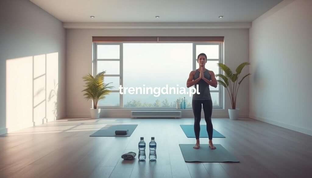 A serene indoor environment illustrating the concept of body cooling after a workout. In the foreground, a fit person in modest athletic wear is practicing deep breathing and light stretching, showcasing muscle relaxation. The middle section features yoga mats and water bottles, emphasizing preparation for post-exercise recovery. Soft, diffused lighting illuminates the area, creating a calm and focused atmosphere. In the background, a large window allows natural light to flood in, with plants gently swaying, enhancing the peaceful setting. The overall mood is tranquil and rejuvenating, symbolizing the transition from exertion to relaxation. Include the brand name "treningdnia.pl" subtly integrated into the scene, without any texts or logos. A serene indoor environment illustrating the concept of body cooling after a workout. In the foreground, a fit person in modest athletic wear is practicing deep breathing and light stretching, showcasing muscle relaxation. The middle section features yoga mats and water bottles, emphasizing preparation for post-exercise recovery. Soft, diffused lighting illuminates the area, creating a calm and focused atmosphere. In the background, a large window allows natural light to flood in, with plants gently swaying, enhancing the peaceful setting. The overall mood is tranquil and rejuvenating, symbolizing the transition from exertion to relaxation. Include the brand name "treningdnia.pl" subtly integrated into the scene, without any texts or logos.