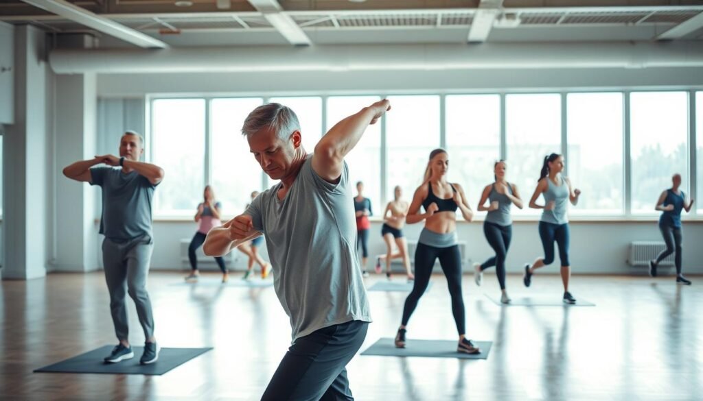 A serene indoor gym environment showcasing a diverse group of individuals engaged in various warm-up exercises. In the foreground, a middle-aged man in modest athletic wear demonstrates dynamic stretching, while a younger woman performs gentle yoga poses, both looking focused and relaxed. The middle section features others participating in light aerobic activities, like jogging in place and using resistance bands, conveying a sense of community and motivation. The background shows large windows allowing soft, natural light to flood the space, enhancing the atmosphere of wellness and preparation. The color palette is soft with blues and greens, promoting calmness and readiness. The image embodies the essence of a balanced warm-up routine, centered around the theme of easing back into fitness. Signature style of "treningdnia.pl" illuminates the overall ambiance of encouragement and holistic fitness.