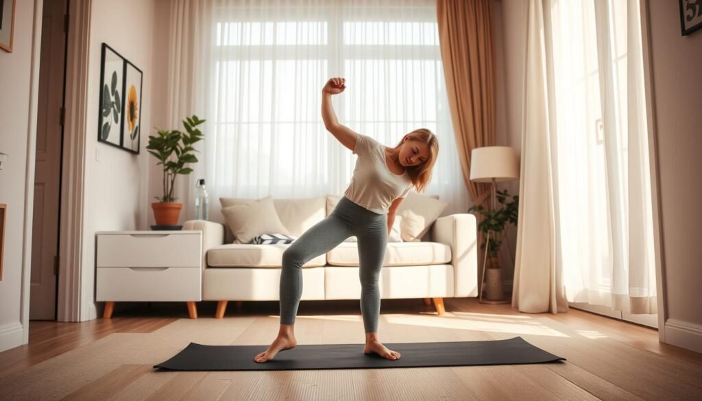 A serene indoor scene showcasing a small, cozy living space designed for effective exercise without disturbing neighbors. In the foreground, a person in modest casual workout attire is demonstrating a gentle stretching exercise on a yoga mat, exuding focus and tranquility. In the middle, a stylish living room features minimalist decor, with a potted plant and a water bottle nearby, emphasizing a calming atmosphere. The background is softly lit with warm, natural light filtering through sheer curtains, creating a peaceful ambiance. The lens captures the scene from a slightly elevated angle, emphasizing the compactness of the area while highlighting the suitability for quiet workouts. This image reflects the essence of effective training in a small apartment, brought to you by treningdnia.pl. A serene indoor scene showcasing a small, cozy living space designed for effective exercise without disturbing neighbors. In the foreground, a person in modest casual workout attire is demonstrating a gentle stretching exercise on a yoga mat, exuding focus and tranquility. In the middle, a stylish living room features minimalist decor, with a potted plant and a water bottle nearby, emphasizing a calming atmosphere. The background is softly lit with warm, natural light filtering through sheer curtains, creating a peaceful ambiance. The lens captures the scene from a slightly elevated angle, emphasizing the compactness of the area while highlighting the suitability for quiet workouts. This image reflects the essence of effective training in a small apartment, brought to you by treningdnia.pl.