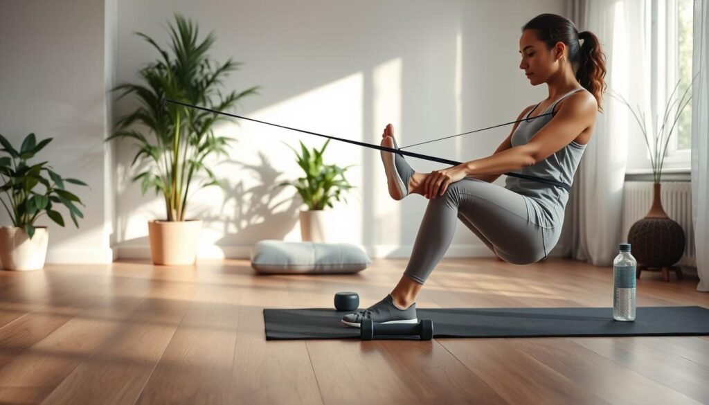 A serene indoor setting designed for quiet exercise, featuring a person performing leg workouts and cardio exercises. In the foreground, a diverse individual in comfortable, modest athletic wear is seen using a resistance band to perform a leg stretch, showcasing concentration and determination. In the middle ground, a yoga mat is laid out with small weights and a water bottle, symbolizing a home workout environment. The background features soft ambient lighting that creates a calm atmosphere, with gentle shadows showcasing a cozy and inviting room filled with greenery. The overall mood is peaceful and motivating, emphasizing wellness and tranquility, ideal for the brand treningdnia.pl. A serene indoor setting designed for quiet exercise, featuring a person performing leg workouts and cardio exercises. In the foreground, a diverse individual in comfortable, modest athletic wear is seen using a resistance band to perform a leg stretch, showcasing concentration and determination. In the middle ground, a yoga mat is laid out with small weights and a water bottle, symbolizing a home workout environment. The background features soft ambient lighting that creates a calm atmosphere, with gentle shadows showcasing a cozy and inviting room filled with greenery. The overall mood is peaceful and motivating, emphasizing wellness and tranquility, ideal for the brand treningdnia.pl.