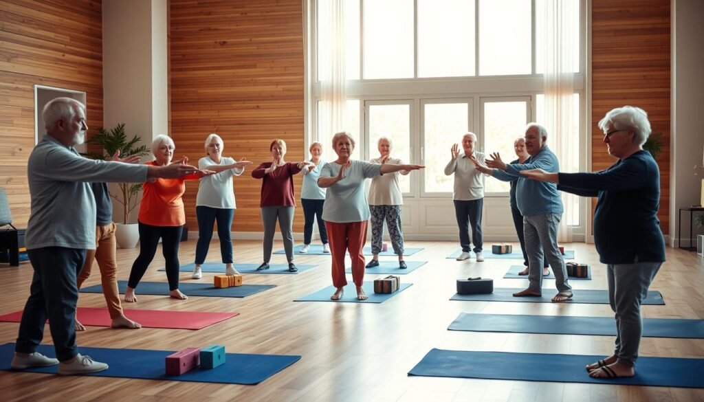 A serene indoor setting designed for seniors to engage in a warm-up routine. In the foreground, a diverse group of elderly individuals, dressed in comfortable, modest activewear, is performing gentle stretches and light exercises, featuring a mix of men and women of different ethnicities. The middle ground includes exercise mats, dumbbells, and soft yoga blocks to create a welcoming atmosphere. In the background, large windows allow natural light to flood the room, illuminating the space and creating a calm, encouraging environment. The mood is uplifting and friendly, promoting safety and well-being. Capture this scene with a warm color palette, soft focus, and an inviting angle that emphasizes the camaraderie among participants. Include the brand name "treningdnia.pl" subtly in the scene.