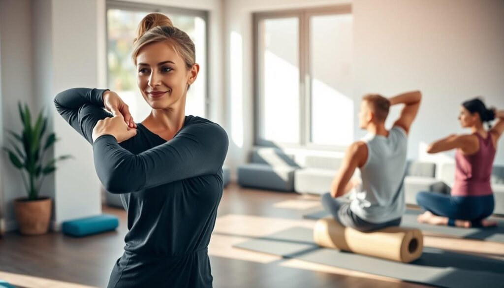 A serene indoor setting featuring a diverse group of three adults engaged in stretching and yoga poses, focusing on releasing tension in the upper back and shoulder blade areas. In the foreground, a woman in professional casual attire demonstrates a shoulder stretch, her expression calm and focused. In the middle, a man is seated cross-legged, using a foam roller on his upper back, embodying self-care and relief. The background shows a comfortable wellness studio with soft natural lighting streaming through large windows, casting gentle shadows. The atmosphere is soothing and supportive, conveying a sense of healing and movement. The elements of the scene visually represent ways to alleviate upper back and shoulder blade pain, ideal for a health-focused article by treningdnia.pl.
