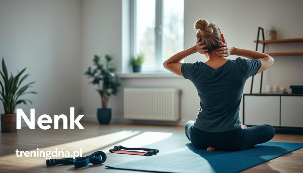 A serene indoor setting focused on neck exercises for spinal relief, illustrating a calm and balanced atmosphere. In the foreground, a professional-looking individual, dressed in modest casual clothing, performs gentle neck stretches, demonstrating proper technique. The middle section shows a yoga mat and stretch bands, highlighting the exercise tools. Ambient lighting softly illuminates the room, creating a warm and inviting environment with natural light filtering through a window. The background features a plant and a minimalist shelf, enhancing the tranquil vibe. The scene evokes a sense of relief and wellness, ideal for promoting neck relaxation exercises. The brand name "treningdnia.pl" subtly incorporated into the design elements.