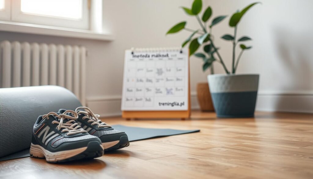 A serene indoor setting focused on the concept of "small steps in exercise". In the foreground, a pair of well-worn sneakers rests beside a yoga mat, symbolizing readiness. In the middle, a soft light shines from a nearby window, illuminating a calendar with a simple workout plan written in an organized manner, emphasizing gradual progress. In the background, a plant adds a touch of life and tranquility, promoting a motivating atmosphere. The mood is calm and encouraging, reflecting the essence of incremental improvement in fitness. The scene is captured from a slightly elevated angle, suggesting perspective without overwhelming the viewer. The image will emphasize clarity and focus on the theme of "metoda małych kroków", branded discreetly with "treningdnia.pl" incorporated into the calendar design. A serene indoor setting focused on the concept of "small steps in exercise". In the foreground, a pair of well-worn sneakers rests beside a yoga mat, symbolizing readiness. In the middle, a soft light shines from a nearby window, illuminating a calendar with a simple workout plan written in an organized manner, emphasizing gradual progress. In the background, a plant adds a touch of life and tranquility, promoting a motivating atmosphere. The mood is calm and encouraging, reflecting the essence of incremental improvement in fitness. The scene is captured from a slightly elevated angle, suggesting perspective without overwhelming the viewer. The image will emphasize clarity and focus on the theme of "metoda małych kroków", branded discreetly with "treningdnia.pl" incorporated into the calendar design.