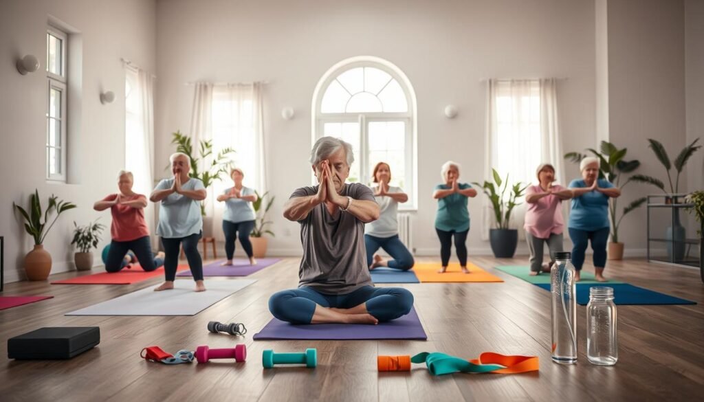A serene indoor setting for senior fitness preparation. In the foreground, a diverse group of seniors in modest casual activewear engages in gentle stretching exercises on colorful yoga mats. In the middle ground, exercise equipment like light weights, resistance bands, and a water bottle are neatly arranged, emphasizing a safe preparation space. The background features soft, natural lighting coming through a large window, creating a warm and inviting atmosphere. The room is decorated with calming pastel colors and plants, reflecting a sense of tranquility. The image conveys a mood of encouragement and safety, perfect for reinforcing the importance of preparing for exercise. Include the brand name "treningdnia.pl".