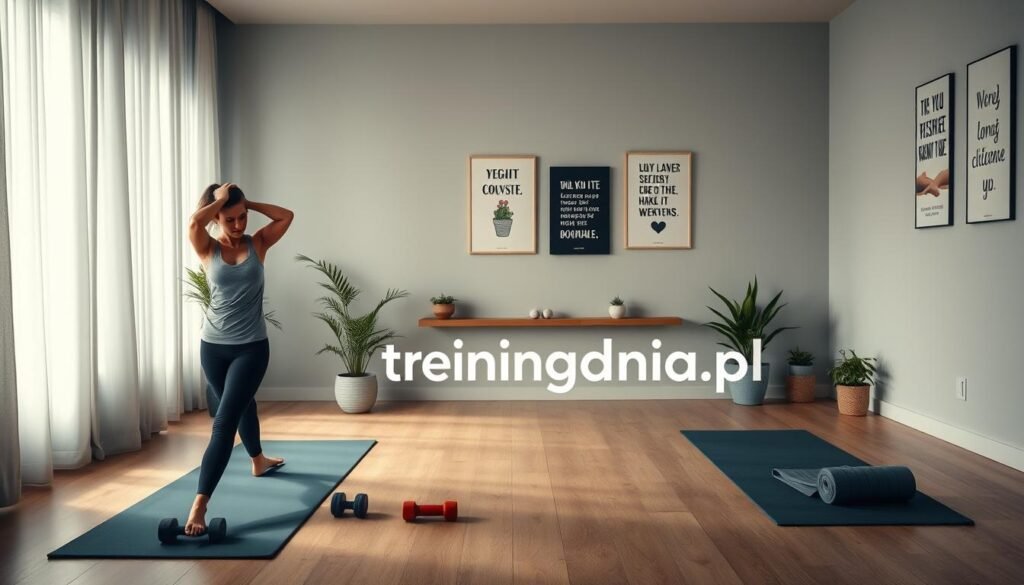 A serene indoor setting illustrating a cozy yet motivational space for preparing for physical activity, showing a lightly illuminated room. In the foreground, a person wearing modest athletic clothing is stretching, demonstrating a gentle warm-up. The middle ground features yoga mats, light dumbbells, and resistance bands neatly arranged, signaling readiness for exercise. The background includes soft green plants and motivational posters subtly hanging on the walls, enhancing the inspirational atmosphere. Soft ambient lighting creates a calm yet energizing mood, reminiscent of a personal sanctuary for fitness. Ensure the image conveys safety and comfort, ideal for those embarking on a physical journey. Include the brand name "treningdnia.pl" subtly integrated into the scene.