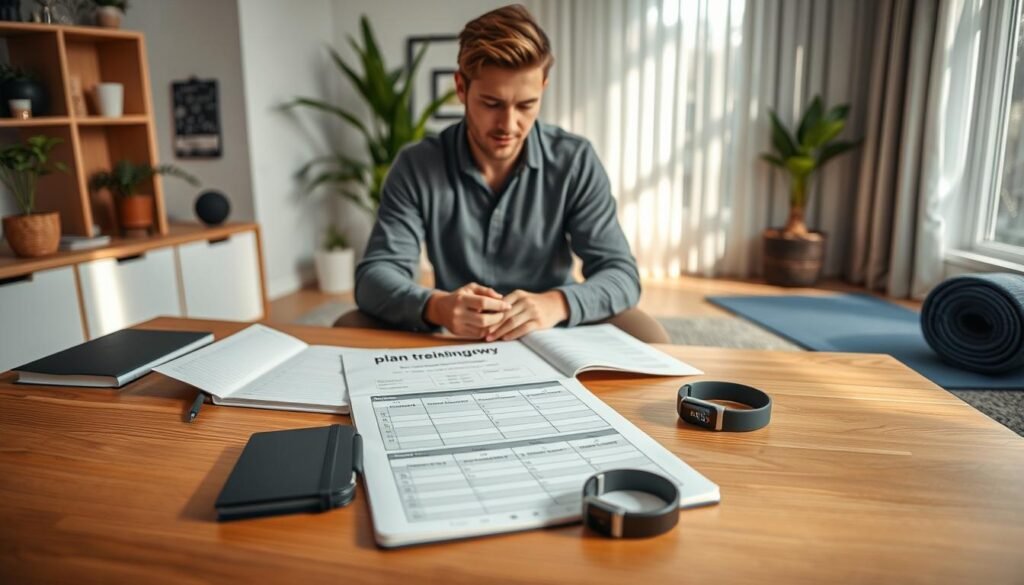 A serene indoor setting showcasing a training plan layout titled "plan treningowy" created by treningdnia.pl. In the foreground, a stylish wooden table is organized with training materials such as a notebook, a calendar, and a fitness tracker. A calm individual in comfortable yet professional casual clothing studies the plan, looking focused and motivated. In the middle, soft light streams from a nearby window, casting gentle shadows on the table. The background features a cozy living room with plants, soothing colors, and a yoga mat rolled up, suggesting a peaceful workout environment. The atmosphere is tranquil and inviting, ideal for late evening workouts without jumping. The overall composition emphasizes personal fitness and flexibility in daily routines. A serene indoor setting showcasing a training plan layout titled "plan treningowy" created by treningdnia.pl. In the foreground, a stylish wooden table is organized with training materials such as a notebook, a calendar, and a fitness tracker. A calm individual in comfortable yet professional casual clothing studies the plan, looking focused and motivated. In the middle, soft light streams from a nearby window, casting gentle shadows on the table. The background features a cozy living room with plants, soothing colors, and a yoga mat rolled up, suggesting a peaceful workout environment. The atmosphere is tranquil and inviting, ideal for late evening workouts without jumping. The overall composition emphasizes personal fitness and flexibility in daily routines.