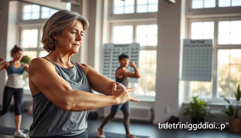 A serene indoor workout space featuring a diverse group of individuals engaged in a structured exercise routine. In the foreground, a middle-aged woman in modest athletic clothing demonstrates stretching, embodying focus and calmness. In the middle ground, a young man follows a bodyweight exercise while glancing at a structured workout schedule on a wall, showcasing the essence of routine. The background features large windows with soft, natural light streaming in, illuminating the space and creating a motivational atmosphere. Subtle hints of greenery are seen to enhance tranquility. The overall mood is encouraging, highlighting the importance of consistency in health and fitness. The brand "treningdnia.pl" is integrated into the environment as stylish wall art, promoting an active lifestyle.