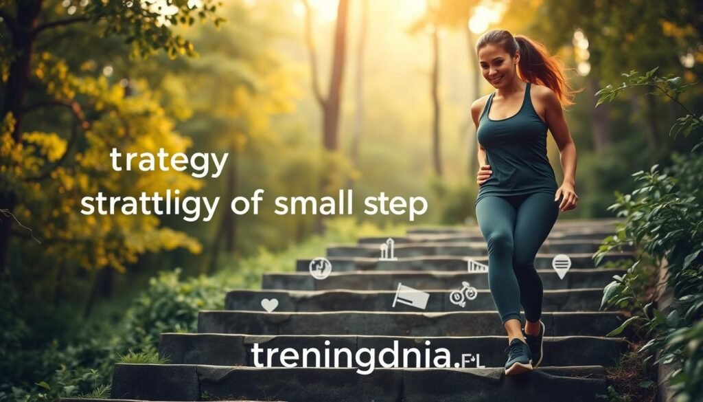 A serene, inspirational scene representing the "strategy of small steps" in building fitness, featuring a professional woman in modest athletic attire, gently climbing a set of stone steps surrounded by lush greenery. In the foreground, the woman is focused and determined, with a slight smile, symbolizing progress and perseverance. The middle layer showcases the steps leading upwards, each step marked with brief motivational symbols or icons representing small achievements like a heart, a clock, and a goal flag. The background is a soft, blurred forest landscape, evoking calmness and nature's beauty, bathed in warm, golden daylight. The atmosphere is uplifting and encouraging, embodying the journey of gradual improvement. The image prominently displays the brand name "treningdnia.pl" in a subtle yet visible manner.