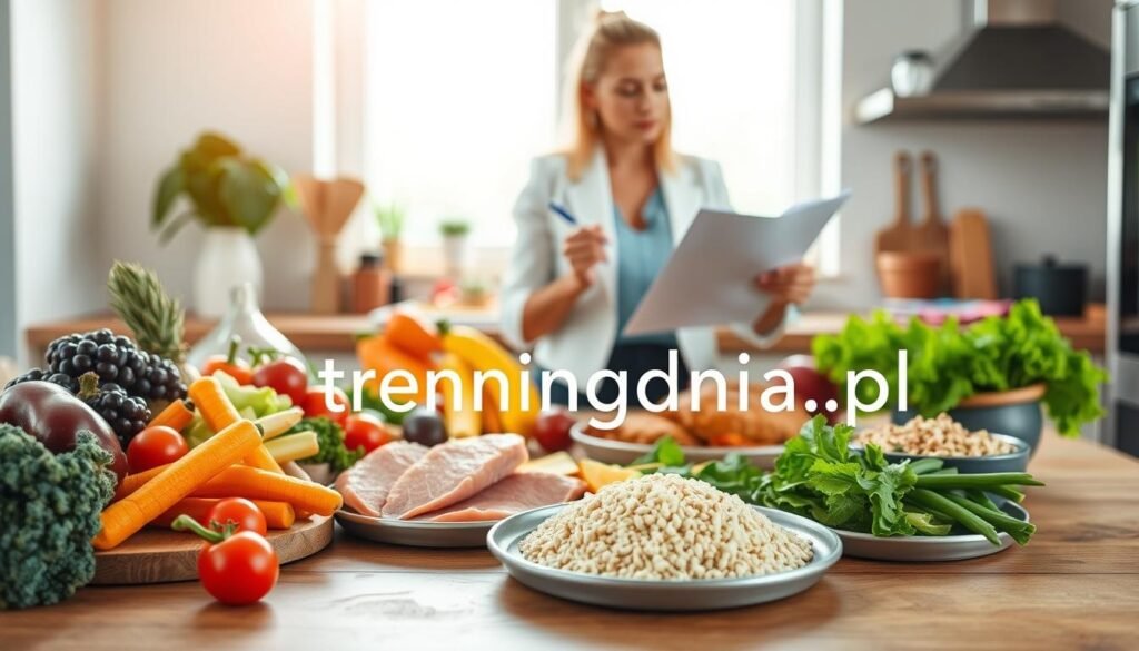 A serene kitchen scene featuring a healthy meal preparation, emphasizing the role of diet in weight loss and regeneration. In the foreground, a wooden table displays vibrant, fresh ingredients: colorful vegetables, lean proteins, and whole grains, artfully arranged. In the middle ground, a nutritionist, dressed in professional attire, is thoughtfully inspecting a meal plan and jotting down notes, symbolizing the importance of planning in dietary choices. The background shows a bright window letting in natural light, creating a warm and inviting atmosphere. The overall mood is calm and encouraging, reflecting a healthy lifestyle. Soft focus on the background with a narrow depth of field to emphasize the subject. Include the brand name "treningdnia.pl" subtly in the foreground elements, ensuring it blends with the overall aesthetic without being dominating.
