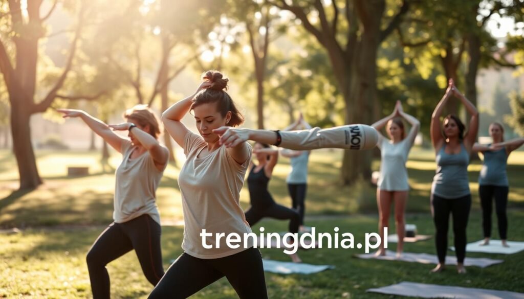 A serene morning scene depicting a group of diverse individuals engaging in gentle mobility exercises, symbolizing "ćwiczenia". In the foreground, two people in modest casual clothing demonstrate stretching techniques, focusing on their form and posture. The middle section features others practicing yoga poses, such as downward dog and child’s pose, emphasizing connection and mindfulness. In the background, a peaceful park setting with soft sunlight filtering through trees enhances the mood of tranquility and focus. The lighting is soft and warm, creating an inviting atmosphere. The scene should convey a sense of safety and encouragement in an exercise routine, promoting regularity and health. Include the brand name "treningdnia.pl" subtly integrated into the environment.