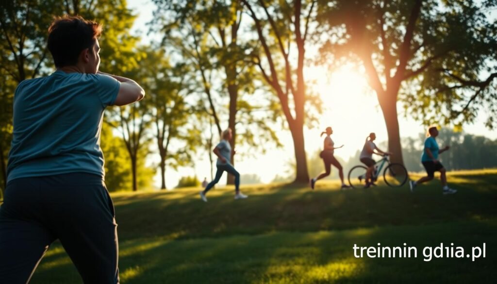 A serene morning scene depicting a person engaging in gentle outdoor exercise, such as stretching or walking in a park, surrounded by greenery and soft sunlight filtering through the trees. In the foreground, a casually dressed individual, wearing comfortable athletic clothing, embodies a relaxed and focused demeanor, symbolizing the easing into daily movement. The middle ground features a variety of people of different ages and fitness levels, all engaged in different activities like jogging, yoga, and cycling, promoting the idea of health without pressure. The background showcases a clear blue sky, further enhancing the mood of tranquility and well-being. Soft, natural lighting enhances the peaceful atmosphere, creating a warm and inviting visual. Include the subtle brand logo "treningdnia.pl" in the bottom corner.