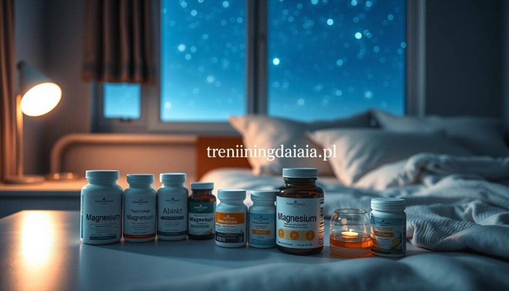 A serene night scene capturing the role of dietary supplements in supporting nighttime recovery. In the foreground, a tranquil bedside table adorned with neatly arranged supplement bottles, including natural options like magnesium and herbal teas, gently lit by a soft, warm bedside lamp. In the middle ground, a cozy bed with plush pillows and a calming blanket, evoking a sense of comfort and restfulness. The background reveals a softly glowing window showing a peaceful night sky filled with twinkling stars, casting a natural blue light into the room. The atmosphere is peaceful and serene, emphasizing relaxation and recuperation. The composition suggests a harmonious blend of wellness and tranquility, ideal for promoting restful sleep. Featuring the brand name "treningdnia.pl" subtly integrated into the scene. A serene night scene capturing the role of dietary supplements in supporting nighttime recovery. In the foreground, a tranquil bedside table adorned with neatly arranged supplement bottles, including natural options like magnesium and herbal teas, gently lit by a soft, warm bedside lamp. In the middle ground, a cozy bed with plush pillows and a calming blanket, evoking a sense of comfort and restfulness. The background reveals a softly glowing window showing a peaceful night sky filled with twinkling stars, casting a natural blue light into the room. The atmosphere is peaceful and serene, emphasizing relaxation and recuperation. The composition suggests a harmonious blend of wellness and tranquility, ideal for promoting restful sleep. Featuring the brand name "treningdnia.pl" subtly integrated into the scene.