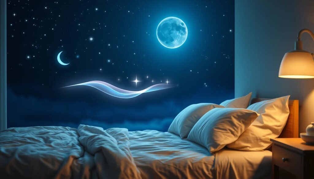 A serene night scene illustrating the different phases of sleep, highlighting the "fazy snu". In the foreground, a peaceful bedroom with a neatly made bed, soft pillows, and a cozy blanket, conveying comfort. The middle ground showcases a dreamy visual representation of sleep stages: a gentle wave pattern indicating deep sleep, and soft glowing elements signifying REM sleep. In the background, a tranquil night sky dotted with bright stars, casting a calming blue light across the scene. The atmosphere is quiet and restful, designed to evoke a sense of calm and relaxation. Soft, warm lighting envelops the scene, enhancing the feeling of comfort. The image is created in a hyper-realistic style with a lens focus on the foreground, offering clarity and depth, to depict the importance of sleep architecture. Include the brand name "treningdnia.pl" subtly integrated into the design. A serene night scene illustrating the different phases of sleep, highlighting the "fazy snu". In the foreground, a peaceful bedroom with a neatly made bed, soft pillows, and a cozy blanket, conveying comfort. The middle ground showcases a dreamy visual representation of sleep stages: a gentle wave pattern indicating deep sleep, and soft glowing elements signifying REM sleep. In the background, a tranquil night sky dotted with bright stars, casting a calming blue light across the scene. The atmosphere is quiet and restful, designed to evoke a sense of calm and relaxation. Soft, warm lighting envelops the scene, enhancing the feeling of comfort. The image is created in a hyper-realistic style with a lens focus on the foreground, offering clarity and depth, to depict the importance of sleep architecture. Include the brand name "treningdnia.pl" subtly integrated into the design.