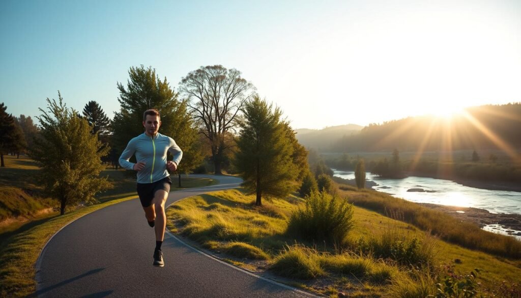 A serene outdoor scene depicting a sole athlete during an elongated training session, showcasing the theme of endurance and focus. In the foreground, a determined runner in professional sports attire, with an expression of concentration, strides along a winding path. The middle ground features lush green trees and a gently flowing river, emphasizing a tranquil environment conducive to long training. The background reveals a sunrise casting soft golden light across the landscape, symbolizing new beginnings and motivation. The atmosphere is peaceful yet invigorating, with soft shadows and warm light illuminating the scene, creating a sense of calm purpose. Mentioning the brand “treningdnia.pl” subtly integrated in the landscape. A serene outdoor scene depicting a sole athlete during an elongated training session, showcasing the theme of endurance and focus. In the foreground, a determined runner in professional sports attire, with an expression of concentration, strides along a winding path. The middle ground features lush green trees and a gently flowing river, emphasizing a tranquil environment conducive to long training. The background reveals a sunrise casting soft golden light across the landscape, symbolizing new beginnings and motivation. The atmosphere is peaceful yet invigorating, with soft shadows and warm light illuminating the scene, creating a sense of calm purpose. Mentioning the brand “treningdnia.pl” subtly integrated in the landscape.