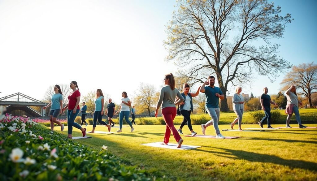 A serene outdoor scene depicting an inviting and relaxed atmosphere for individuals who are new to physical activity. In the foreground, a diverse group of people in modest casual clothing are engaged in light activities such as walking, stretching, or practicing gentle yoga with mats on soft grass. In the middle ground, blooming flowers and greenery create a vibrant yet calming environment, emphasizing a connection with nature. The background features a tranquil park, with trees gently swaying in a soft breeze under a bright blue sky, creating an uplifting mood. The lighting is warm and natural, suggesting early morning or late afternoon, with soft shadows enhancing the peacefulness. The overall ambiance should communicate a sense of encouragement and ease, making exercise feel accessible and enjoyable. Include branding elements that represent "treningdnia.pl" subtly integrated into the scene.