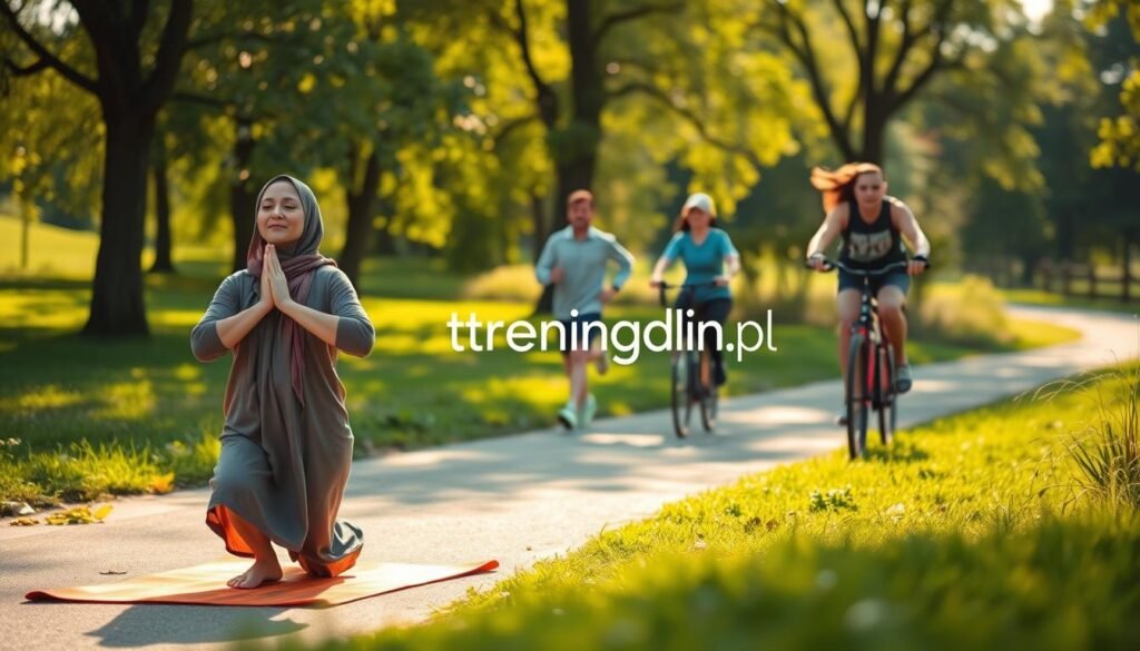 A serene outdoor scene depicting the concept of physical activity for mental well-being, featuring a diverse group of individuals engaged in various forms of exercise, such as jogging, yoga, and cycling. In the foreground, a woman in modest athletic wear practices yoga on a colorful mat, exuding calm and focus. In the middle ground, a man jogs along a scenic path, while another person rides a bike on a nearby trail, all set against a lush, green park landscape. The background showcases sunlight filtering through trees, casting soft shadows and creating a tranquil atmosphere. The image should have warm, inviting lighting to enhance the uplifting mood, with a shallow depth of field to emphasize the individuals participating in these activities. Include the brand name "treningdnia.pl" subtly integrated into the scene.