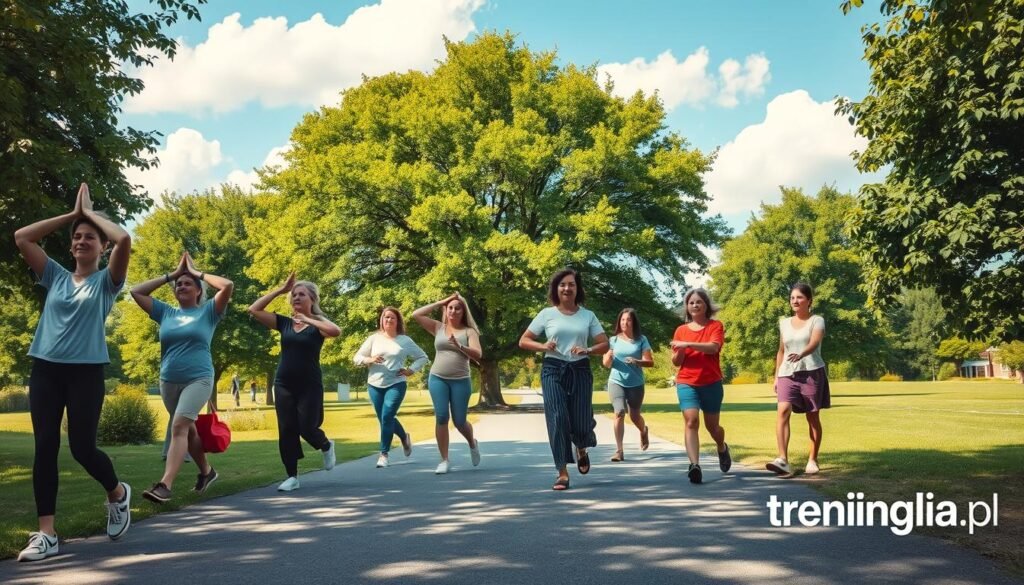 A serene outdoor scene depicting the concept of "the power of small steps in physical activity." In the foreground, a diverse group of individuals in modest casual clothing is engaging in gentle exercises, such as stretching and walking, each representing small, manageable actions toward fitness. In the middle ground, lush green trees and a pathway invite viewers into a calm, inviting environment, symbolizing progress and growth. The background features a bright blue sky with soft, fluffy clouds, enhancing the uplifting mood. The lighting is soft and natural, creating a warm and encouraging atmosphere. The image should embody a sense of community and support while showcasing the ease of incorporating daily movement into everyday life. Include subtle branding of "treningdnia.pl" in the corner without any intrusive text.