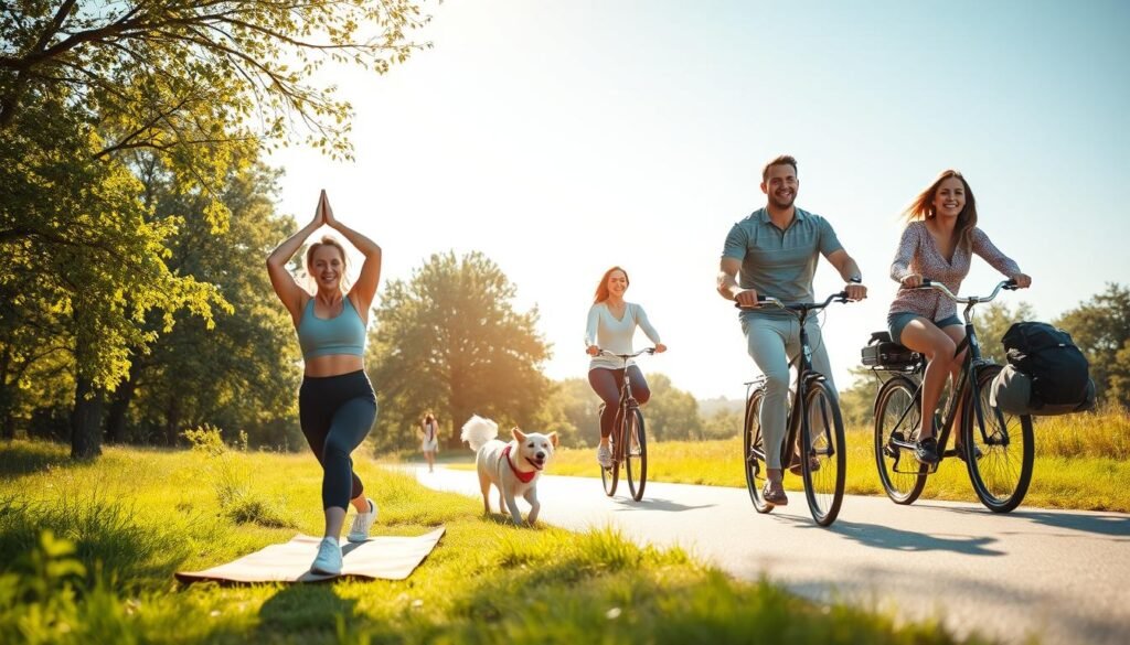A serene outdoor scene where various individuals engage in different types of low-impact activities that align with their lifestyles. In the foreground, a woman in casual athletic wear practices yoga on a mat, surrounded by greenery. Nearby, a man walks his dog along a sunlit path, showcasing a mix of enjoyment and physical activity. In the middle ground, a couple enjoys a leisurely bike ride, smiling as they explore a scenic park. The background features lush trees and a clear blue sky, creating a tranquil atmosphere. Soft, warm lighting enhances the mood, evoking a sense of well-being and harmony. The image reflects “treningdnia.pl” and promotes the concept of selecting physical activities that suit individual lifestyles without the pressure of traditional exercise routines.