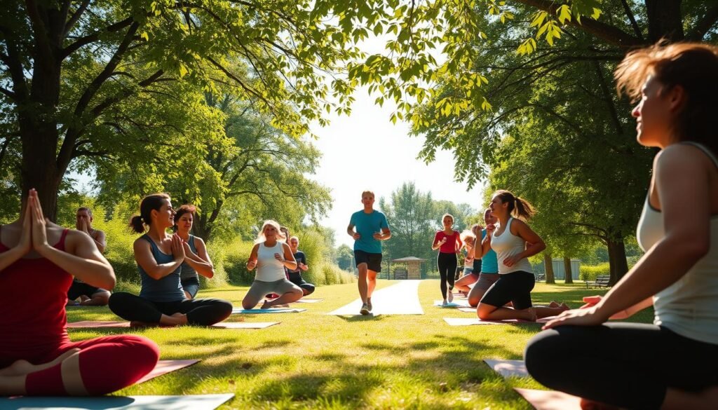 A serene outdoor setting depicting individuals engaged in various forms of physical activity, illustrating the theme of "movement and stress relief." In the foreground, a group of diverse adults in modest athletic clothing practice yoga on colorful mats, demonstrating peace and focus. In the middle ground, others jog along a sunlit path, their expressions reflecting joy and determination. The background features lush green trees and a clear blue sky, enhancing the sense of tranquility. Natural light filters through the leaves, creating a soft, warm atmosphere. The scene captures a harmonious blend of nature and fitness, embodying the idea of physical activity as a tool for mental clarity and stress reduction, complimented by the branding "treningdnia.pl."