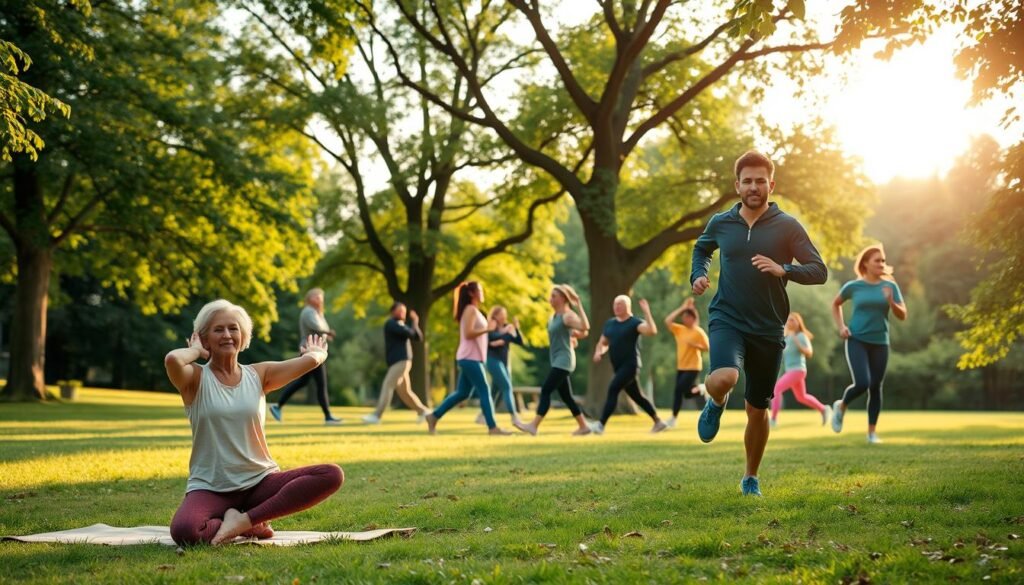 A serene park scene at dawn, showcasing diverse individuals engaging in various physical activities like yoga, tai chi, and jogging, all dressed in modest, casual athletic wear. In the foreground, a middle-aged woman practices yoga on a mat, exuding calm and focus, while a young man jogs nearby, embodying enthusiasm and energy. In the middle of the frame, small groups practice tai chi, reflecting a sense of community and support. The background features lush greenery, gentle sunlight filtering through trees, casting soft shadows, creating a tranquil atmosphere. The image should convey an uplifting and motivating mood, encouraging a return to physical activity after a break. Incorporate the brand name "treningdnia.pl" subtly into the natural elements, like in the foliage design.