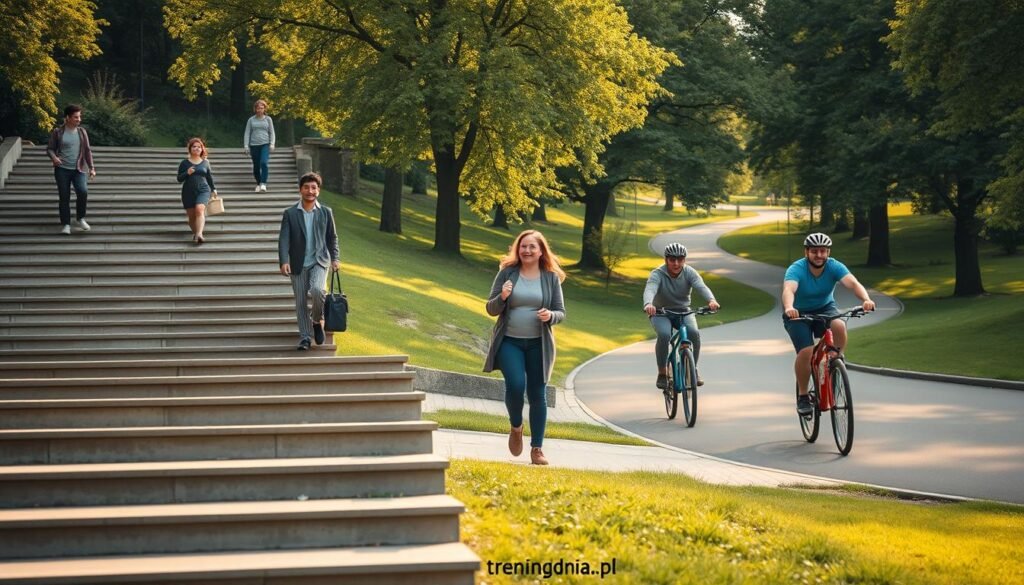 A serene park scene showcasing the benefits of stairs, walking, and cycling for health. In the foreground, a well-maintained flight of outdoor stairs invitingly leads upwards, with people of diverse backgrounds in modest casual attire utilizing them energetically. In the middle ground, a vibrant walking path is adorned with lush greenery, featuring a couple leisurely strolling hand-in-hand, embodying vitality and joy. Cyclists in safety gear ride along a winding path that disappears into the background, where trees create a tranquil canopy. The lighting is warm and inviting, resembling late afternoon sun with soft shadows, casting a peaceful atmosphere. The overall mood conveys a sense of well-being and the active lifestyle promoted by "treningdnia.pl", encouraging viewers to consider healthy daily activities.