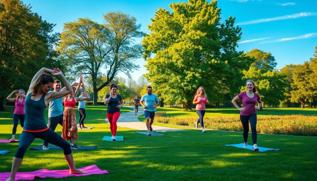 A serene scene depicting individuals engaging in physical activity in a vibrant, green park setting. In the foreground, a diverse group of people, dressed in modest activewear, are practicing yoga and stretching on colorful mats. In the middle ground, another group can be seen jogging along a winding path, showcasing determination and joy. The background features lush trees and bright flowers under a clear blue sky, radiating warmth from the golden hour sunlight. Soft natural lighting enhances the sense of peace and well-being, creating a motivating atmosphere. The image embodies the message of introducing regular exercise into one’s life, resonating with the brand "treningdnia.pl".