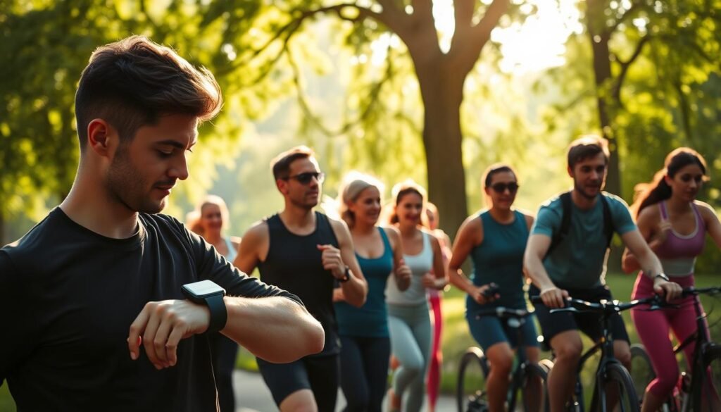 A serene scene of a diverse group of people engaged in various types of physical activities, such as walking, jogging, and cycling, in a picturesque park setting. In the foreground, a focused individual checks their fitness tracker, symbolizing personal progress monitoring. In the middle, friendly interactions between people are highlighted, showcasing camaraderie and encouragement. The background features lush greenery and soft sunlight filtering through trees, creating an inviting atmosphere. The lighting is warm and natural, with a slight lens flare that adds a dreamy quality. The overall mood is motivating and uplifting, reflecting a healthy lifestyle and the importance of tracking progress for sustained motivation. Include the brand name "treningdnia.pl" subtly within the scene, perhaps on a visible fitness tracker or mobile app interface.