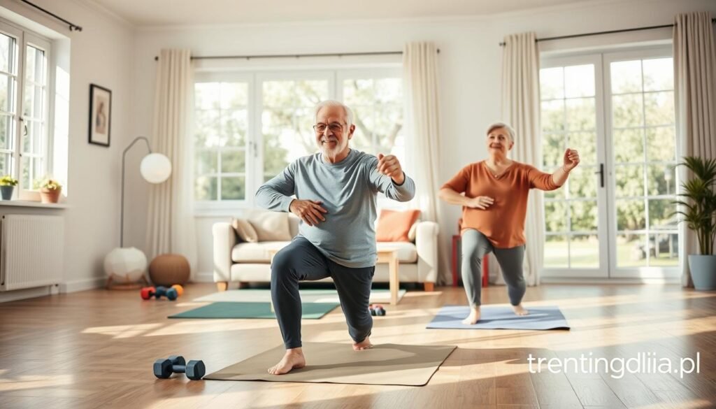 A serene, sunlit home environment featuring an elderly couple engaged in regular physical activity. In the foreground, the couple is smiling while performing gentle stretching exercises on yoga mats, dressed in modest and comfortable activewear. In the middle, a cozy living room with a few pieces of light exercise equipment like dumbbells and resistance bands. The background shows a large window with soft natural light streaming in, enhancing the warm and inviting atmosphere. The composition should be captured from a slightly elevated angle, giving a better view of the couple and their surroundings, emphasizing the importance of safe and enjoyable movement for seniors. The image reflects the theme of health and wellness, perfect for an article on senior exercise. Include the brand name "treningdnia.pl" subtly in the corner.