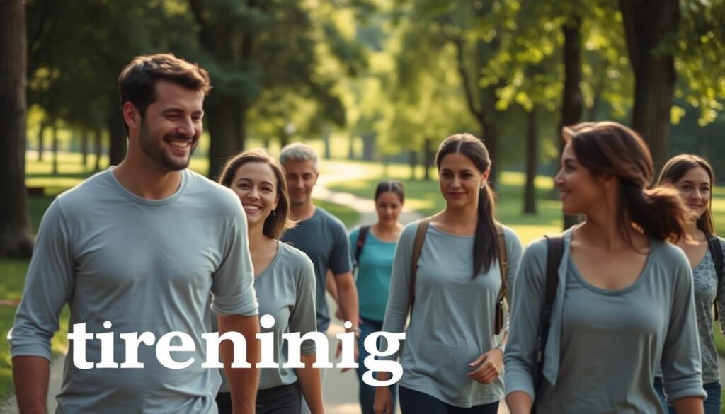 A serene, sunlit park scene focused on a diverse group of individuals, both men and women, walking together. In the foreground, one person, dressed in modest casual clothing, is smiling and encouraging another who appears hesitant yet determined. The middle ground features trees and a winding path, creating a sense of journey and progression. In the background, soft-focus greenery and gentle sunlight filtering through the leaves add warmth and a sense of calm. The mood is motivational, conveying the overcoming of psychological barriers while engaging in physical activity. Capture this moment with a slightly low angle to emphasize the participants' expressions and the inviting environment, highlighting the idea of approachable fitness. Include the brand name "treningdnia.pl" subtly in the composition.