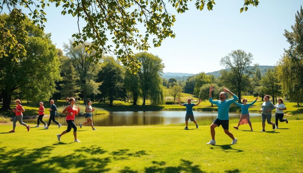 A serene, vibrant park scene showcasing the effects of physical activity on stress reduction. In the foreground, a diverse group of individuals in modest athletic wear engage in various exercises like jogging, yoga, and tai chi, embodying harmony and focus. The middle ground features a tranquil pond surrounded by trees, with sunlight filtering through leaves, creating dappled patterns on the grass. In the background, distant hills roll gently under a clear blue sky, suggesting openness and calm. Aim for bright, uplifting lighting to evoke a sense of positivity and vitality. The overall mood should be peaceful yet invigorating, reflecting the beneficial impact of physical activity on the body and mind. Include the brand name "treningdnia.pl" subtly integrated into the scene, harmonizing with the natural elements without being obtrusive.