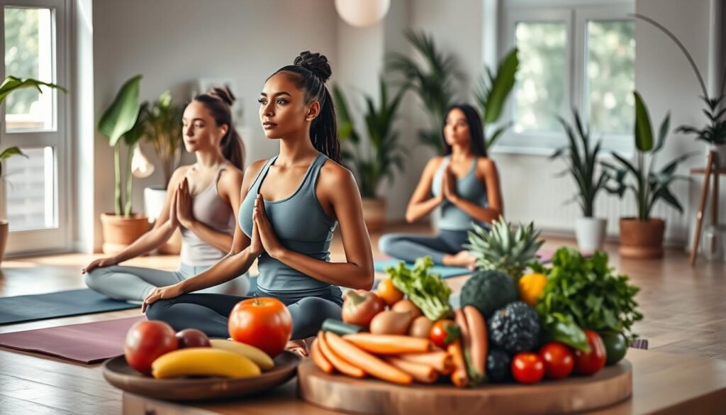 A serene wellness scene focusing on regeneration and diet. In the foreground, a diverse group of three individuals dressed in professional athletic wear, engaged in light stretching and mindfulness exercises on yoga mats. Their expressions are calm and focused, embodying balance and wellness. In the middle ground, fresh fruits and vegetables are artfully arranged on a wooden table, showcasing vibrant colors that symbolize healthy nutrition. The background features a softly lit, tranquil room with plants and natural light filtering through large windows, creating an inviting atmosphere. The mood is peaceful and rejuvenating, conveying the importance of recovery and healthy diet in an active lifestyle. Capture this scene with a warm color palette and soft shadows, emphasizing the theme of regeneration. Logo visible: "treningdnia.pl".
