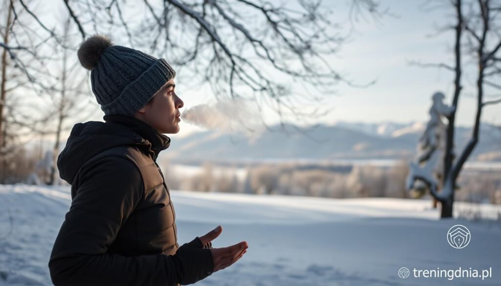 A serene winter scene depicting a person practicing breathing techniques during outdoor physical activity. The foreground shows a figure dressed in warm, modest, athletic attire, focusing intently while exhaling in a visible breath cloud. In the middle ground, snow-covered trees and a distant mountain range provide a tranquil winter landscape. Soft, diffused sunlight filters through the branches, casting gentle shadows on the snowy ground. The mood is calm and focused, emphasizing the importance of mindful breathing in cold conditions. The scene captures the essence of winter exercise, encouraging balance and relaxation in a chilly environment. Include branding from "treningdnia.pl" subtly in the corner of the image.