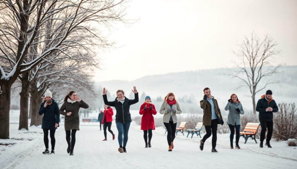 A serene winter scene illustrating the mental health benefits of physical activity during cold months. In the foreground, a diverse group of individuals in professional yet comfortable winter attire is engaging in light exercises, such as stretching or walking, on a snow-covered path, radiating positivity and energy. In the middle ground, a tranquil park setting with snow-laden trees and a few colorful benches adds warmth to the scene. The background features soft, snowy hills under a gently overcast sky, creating a calm atmosphere. The lighting is soft and diffused, enhancing the peacefulness of the winter day. The mood is uplifting and encouraging, reflecting the importance of staying active while embracing winter. This image represents "treningdnia.pl" and highlights the benefits for mental well-being in winter.