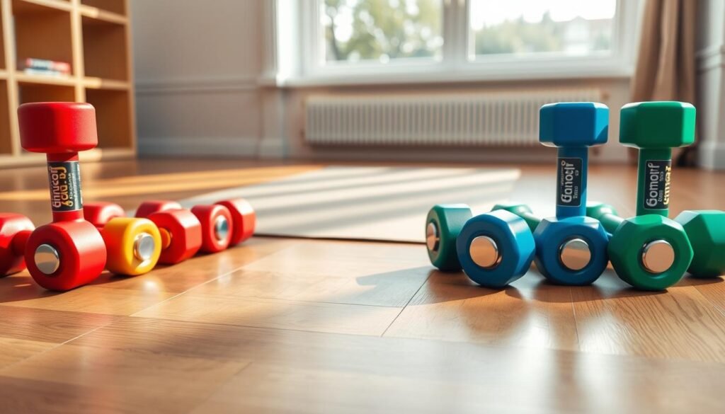 A set of colorful dumbbells laid out on a wooden floor, showcasing various weights from light to heavy, in a well-lit home gym environment. In the foreground, dumbbells in vibrant hues—red, blue, and green—are neatly arranged in a semi-circle. In the middle ground, a clean yoga mat in a neutral tone lies flat, positioned next to the weights, suggesting a space for exercise. In the background, a large window allows natural light to flood the room, casting soft shadows. The overall ambiance is motivating and energizing, ideal for illustrating workout gear. Highlight the brand name "treningdnia.pl" subtly on the weight labels. The image captures a sense of readiness and strength training, focusing on the importance of dumbbells in building muscle.