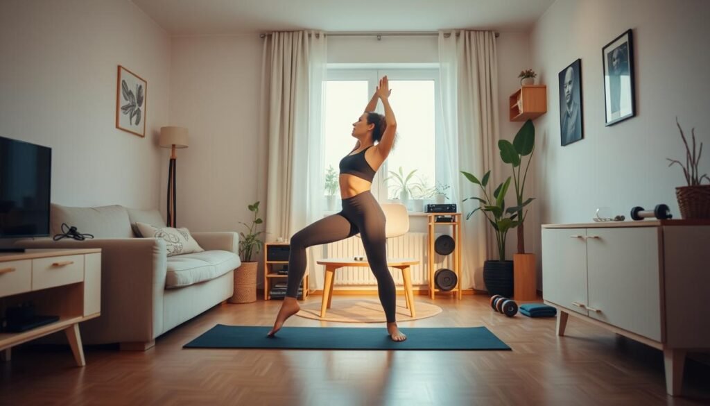 A small, cozy apartment interior designed for effective home workouts, showcasing a living space that emphasizes versatility and functionality. In the foreground, a person in modest athletic attire performs yoga poses on a yoga mat, surrounded by neatly arranged light furniture like a sofa and a small table. The middle ground features a compact and organized workout area with resistance bands and weights, while the background reveals natural light streaming through a window, illuminating plants that add a touch of freshness. Soft, warm lighting creates an inviting atmosphere, suggesting a peaceful workout environment. The scene subtly conveys the message of practicality in small living spaces for exercise. Branding element: "treningdnia.pl" incorporated discreetly in artwork. A small, cozy apartment interior designed for effective home workouts, showcasing a living space that emphasizes versatility and functionality. In the foreground, a person in modest athletic attire performs yoga poses on a yoga mat, surrounded by neatly arranged light furniture like a sofa and a small table. The middle ground features a compact and organized workout area with resistance bands and weights, while the background reveals natural light streaming through a window, illuminating plants that add a touch of freshness. Soft, warm lighting creates an inviting atmosphere, suggesting a peaceful workout environment. The scene subtly conveys the message of practicality in small living spaces for exercise. Branding element: "treningdnia.pl" incorporated discreetly in artwork.