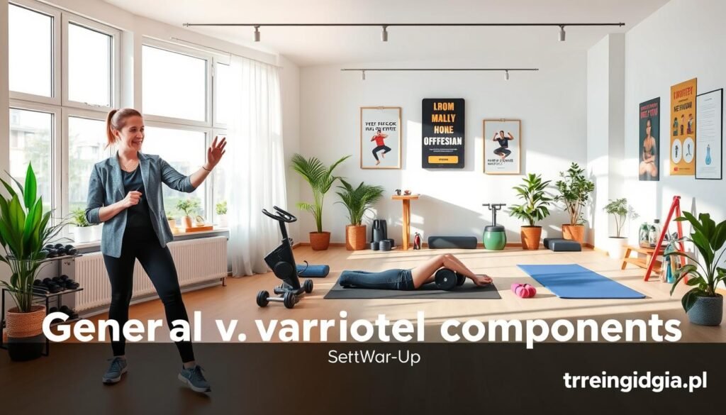 A split image illustrating the concept of "general and specialized components" in a home workout setting. In the foreground, a fitness instructor in professional casual attire demonstrates general warm-up exercises, such as stretching and light cardio. In the middle, display a well-organized space with fitness equipment like dumbbells, yoga mats, and resistance bands, showcasing dedicated areas for different workouts. In the background, a bright, airy room with large windows letting in soft, natural light, plants for a touch of freshness, and motivational posters on the walls. The overall atmosphere is lively and energetic, emphasizing the importance of a well-rounded warm-up routine. Branding included: treningdnia.pl.